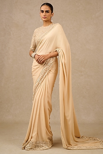 Ivory Silk Georgette Embroidered Saree Set by Tarun Tahiliani
