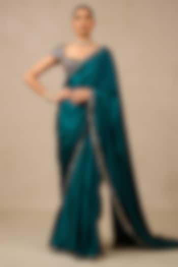 Teal Silk Satin Embroidered Reception Saree Set by Tarun Tahiliani at Pernia's Pop Up Shop