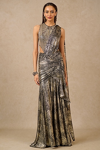 Black Foil Jersey Concept Saree Set by Tarun Tahiliani