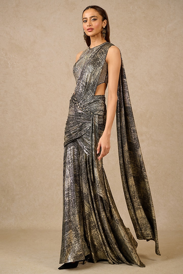 Black Foil Jersey Concept Reception Saree Set by Tarun Tahiliani at Pernia's Pop Up Shop