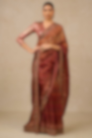 Beige & Burgundy Georgette Kaleen Printed Reception Saree Set by Tarun Tahiliani at Pernia's Pop Up Shop