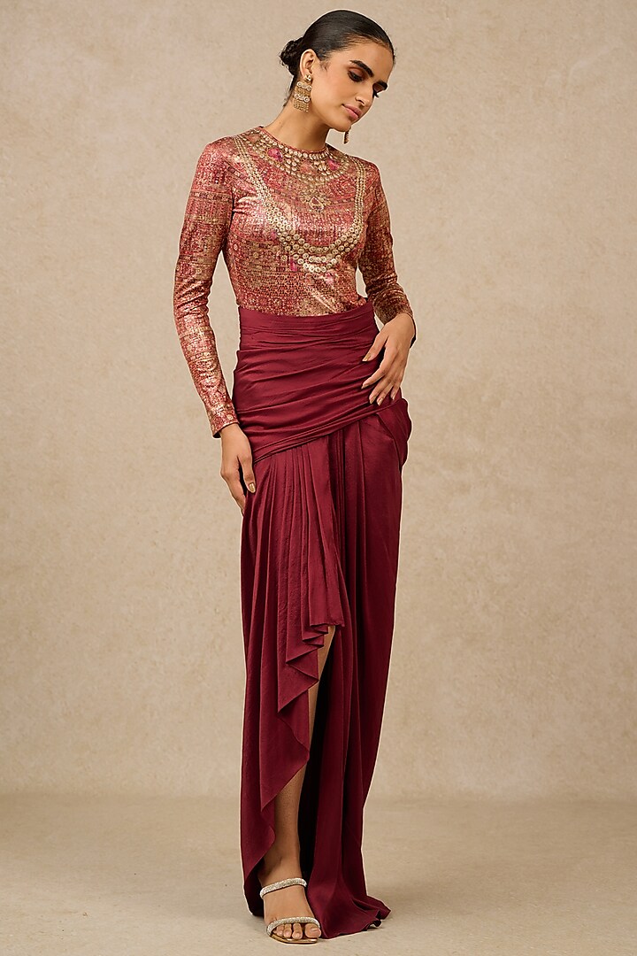 Wine Silk Dupion Draped Skirt Set by Tarun Tahiliani