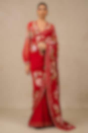 Red Silk Georgette Gara Embroidered Bridal Saree Set by Tarun Tahiliani at Pernia's Pop Up Shop