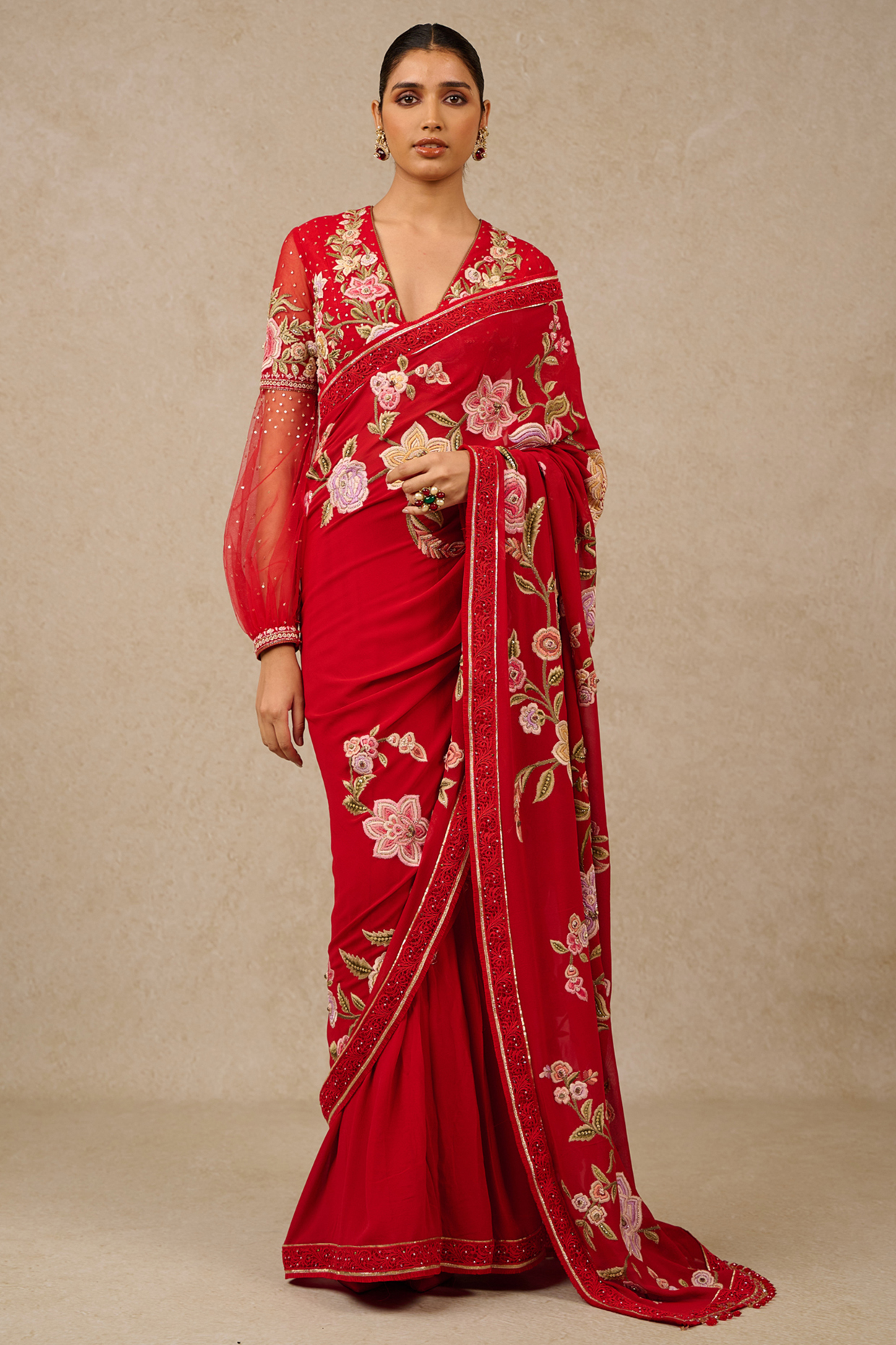Red Silk Georgette Gara Embroidered Bridal Saree Set by Tarun Tahiliani at Pernia's Pop Up Shop