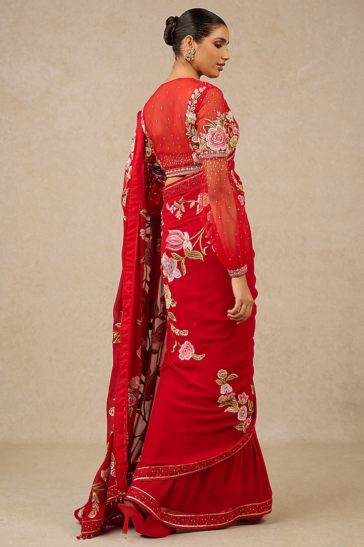 Red Silk Georgette Gara Embroidered Bridal Saree Set by Tarun Tahiliani at Pernia's Pop Up Shop