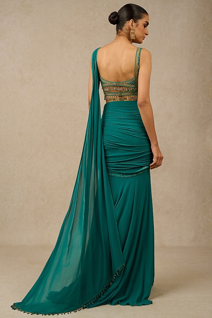 Teal Silk Georgette Pre-Draped Reception Saree Set by Tarun Tahiliani at Pernia's Pop Up Shop