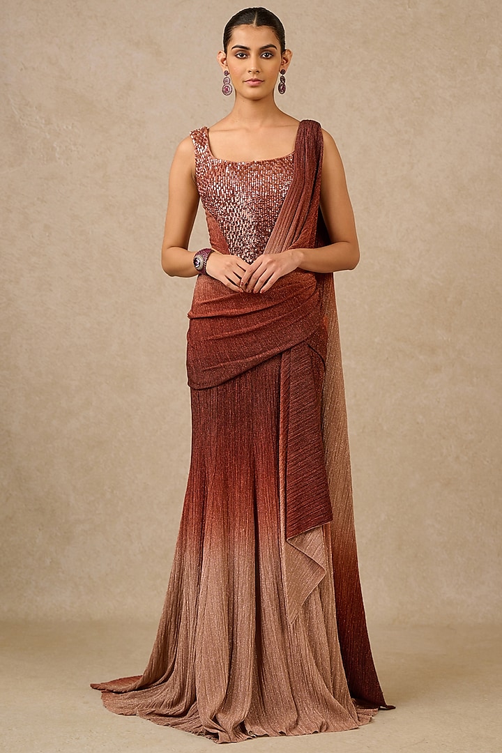 Copper Ombre Metallic Crinkle Draped Saree Set by Tarun Tahiliani at Pernia's Pop Up Shop