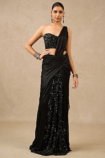 Black & Silver Hand Embroidered Draped Saree Set by Tarun Tahiliani