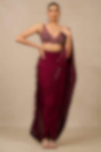 Plum Georgette Draped Wedding Saree Set by Tarun Tahiliani at Pernia's Pop Up Shop