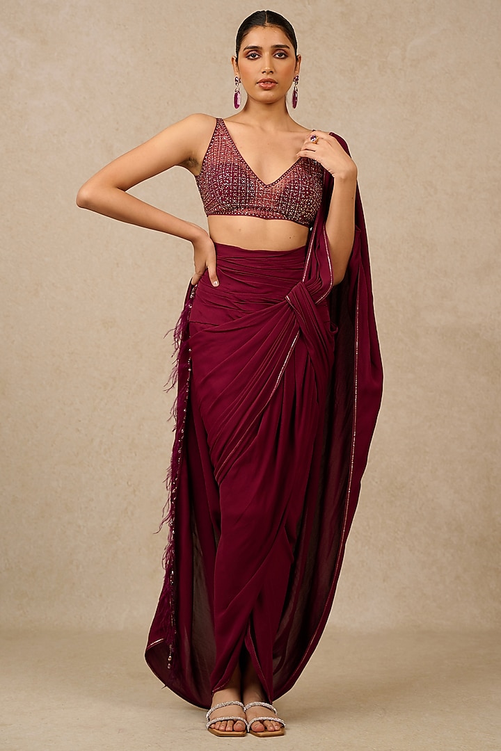 Plum Georgette Draped Wedding Saree Set by Tarun Tahiliani at Pernia's Pop Up Shop