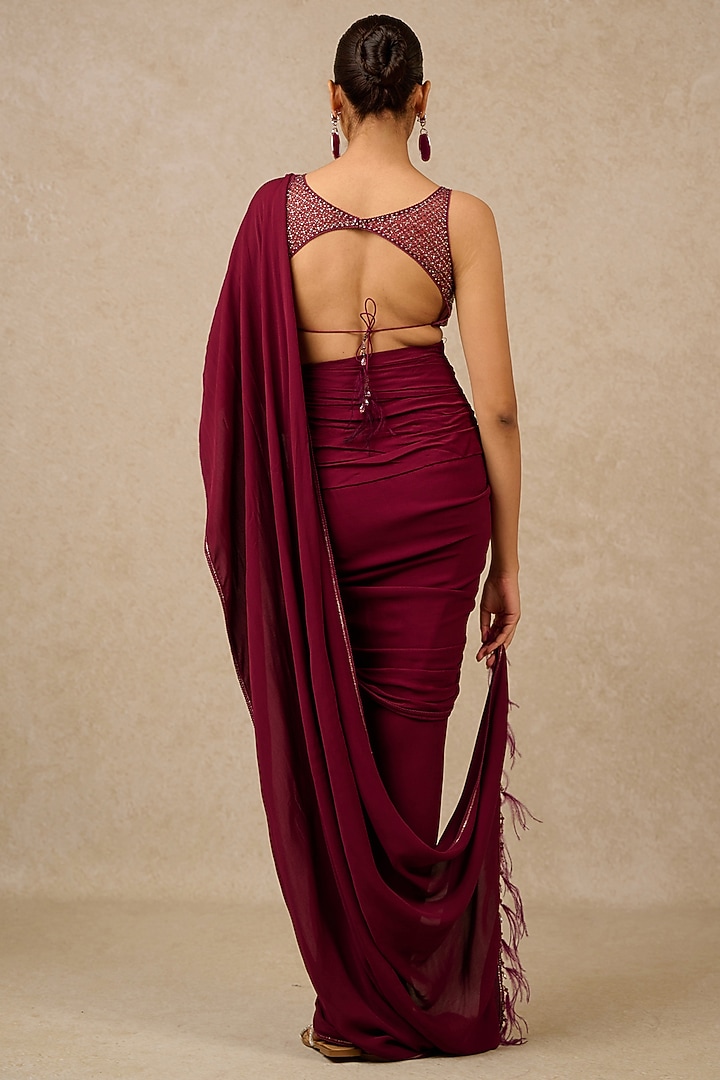Plum Georgette Draped Wedding Saree Set by Tarun Tahiliani at Pernia's Pop Up Shop