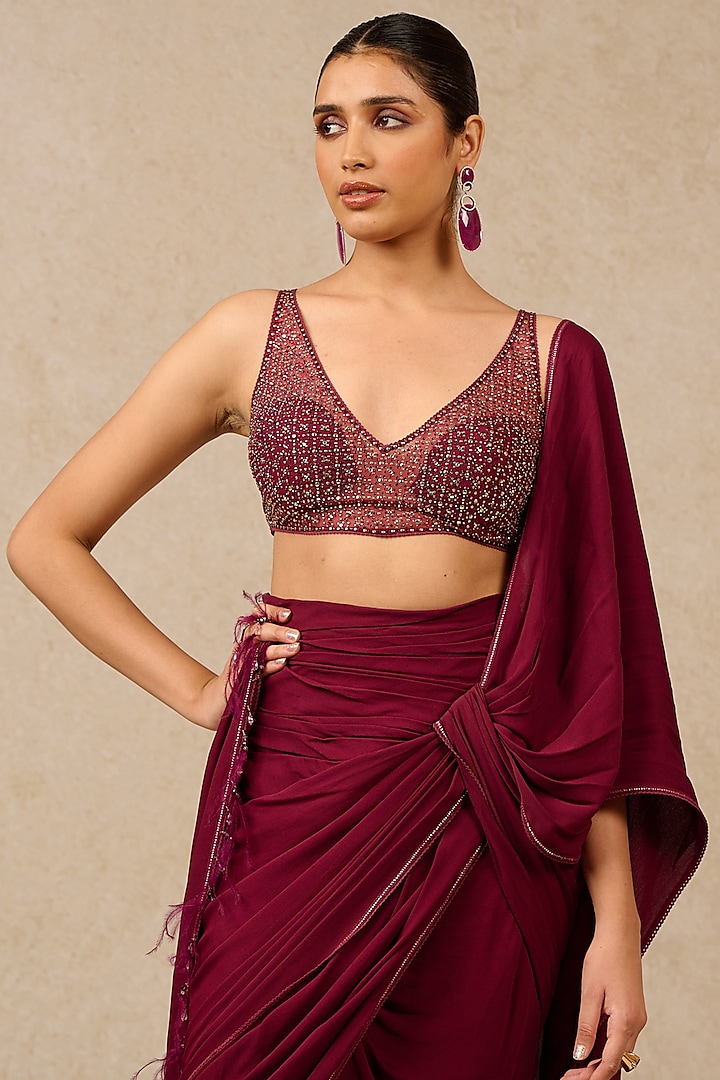 Plum Georgette Draped Wedding Saree Set by Tarun Tahiliani at Pernia's Pop Up Shop