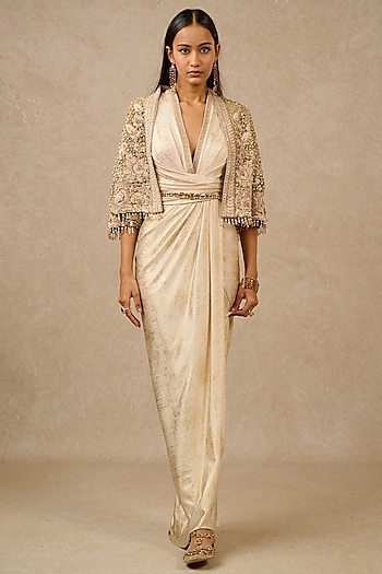 Gold Lace & Foil Jersey Jacket Dress by Tarun Tahiliani