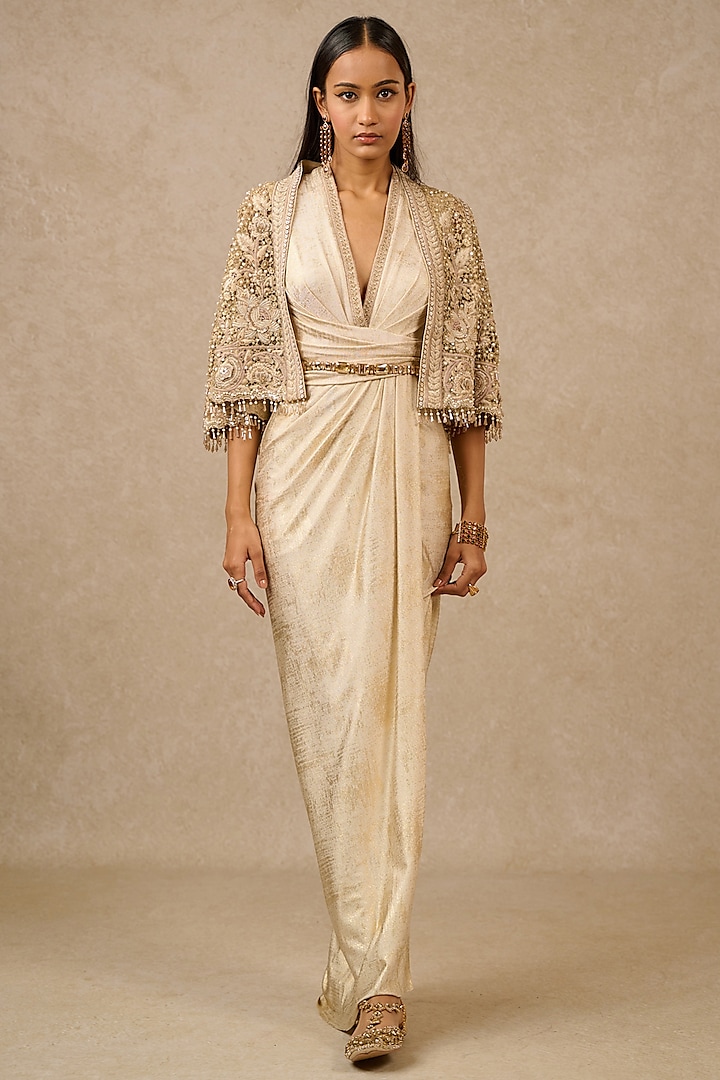 Gold Lace & Foil Jersey Jacket Dress by Tarun Tahiliani at Pernia's Pop Up Shop