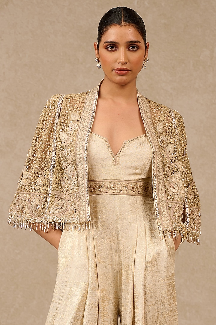 Gold Foil Jersey Jumpsuit With Cape by Tarun Tahiliani at Pernia's Pop Up Shop