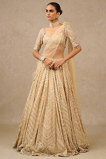 Ivory & Gold Tulle Embroidered Lehenga Set by Tarun Tahiliani