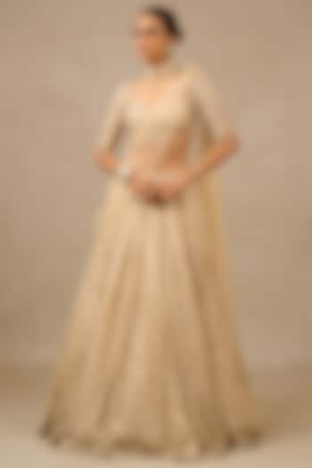 Ivory & Gold Tulle Embroidered Bridal Lehenga Set by Tarun Tahiliani at Pernia's Pop Up Shop