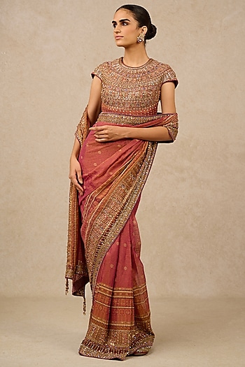 Wine Zari Chanderi Embroidered Saree Set by Tarun Tahiliani