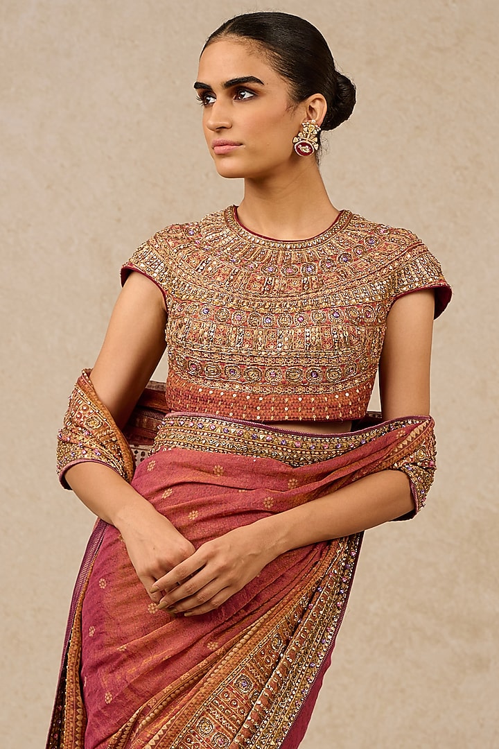 Wine Zari Chanderi Embroidered Bridal Saree Set by Tarun Tahiliani at Pernia's Pop Up Shop