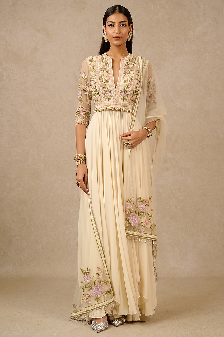 Ivory Silk Georgette Embroidered Bridal Anarkali Set by Tarun Tahiliani at Pernia's Pop Up Shop
