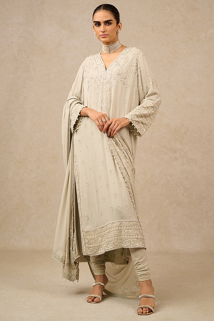 Silver Silk Georgette Chikankari Embroidered Kurta Set by Tarun Tahiliani at Pernia's Pop Up Shop