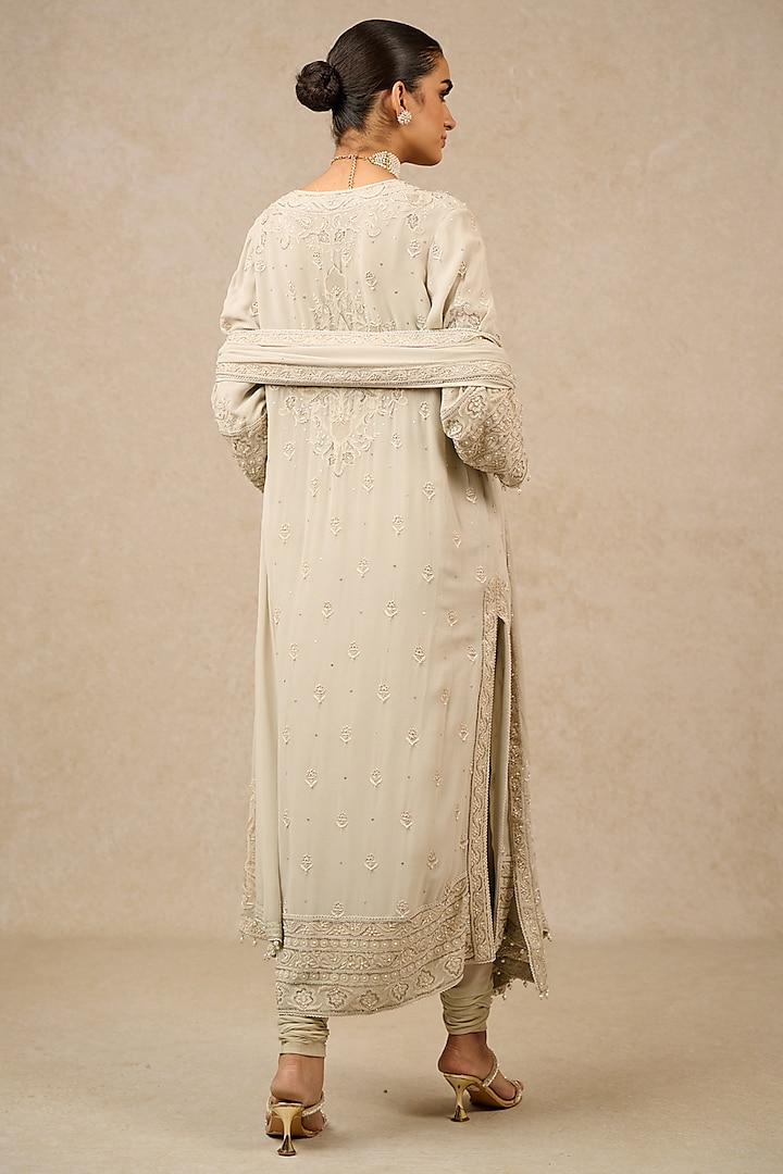 Silver Silk Georgette Chikankari Embroidered Kurta Set by Tarun Tahiliani at Pernia's Pop Up Shop
