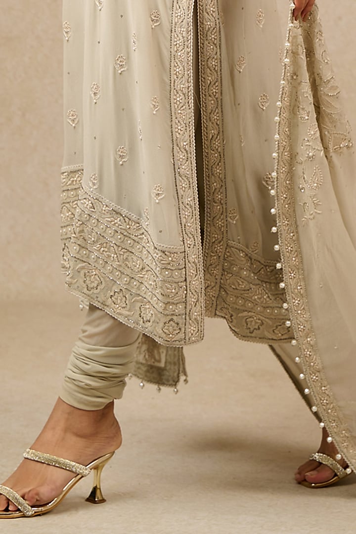 Silver Silk Georgette Chikankari Embroidered Kurta Set by Tarun Tahiliani at Pernia's Pop Up Shop