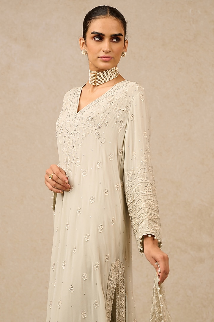 Silver Silk Georgette Chikankari Embroidered Kurta Set by Tarun Tahiliani at Pernia's Pop Up Shop