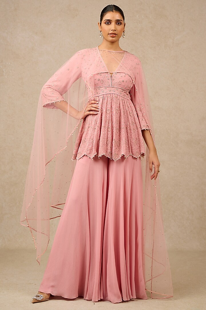 Blush Pink Silk Georgette Sharara Set by Tarun Tahiliani at Pernia's Pop Up Shop