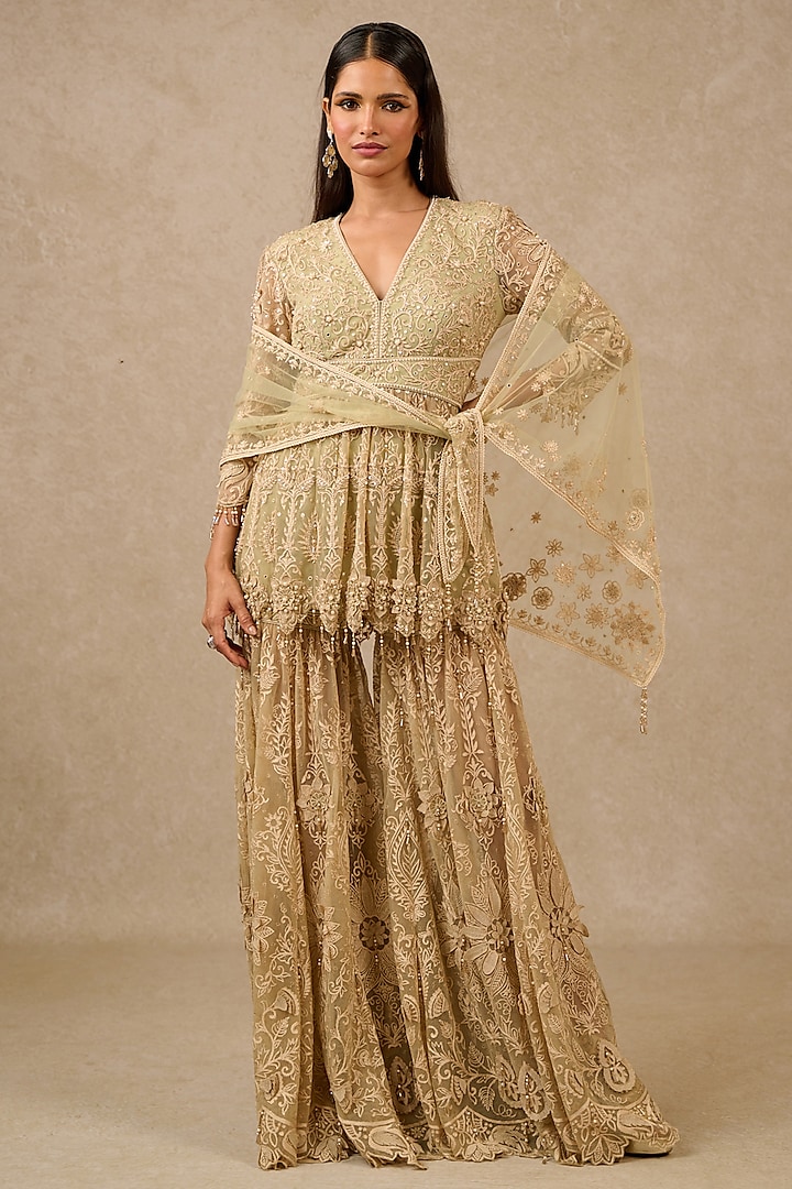 Mint Soft Net Embroidered Bridal Sharara Set by Tarun Tahiliani at Pernia's Pop Up Shop
