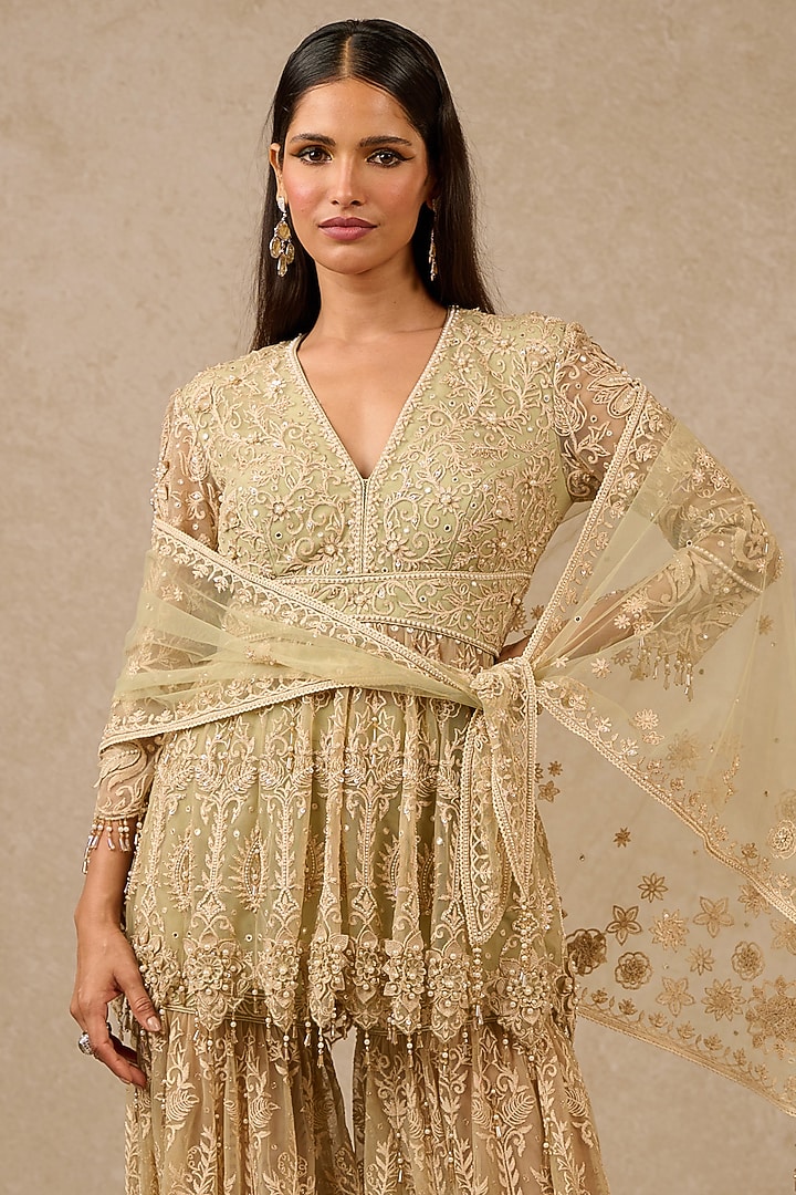 Mint Soft Net Embroidered Bridal Sharara Set by Tarun Tahiliani at Pernia's Pop Up Shop
