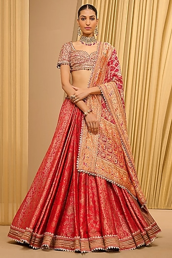 Red Brocade Marori Embroidered Lehenga Set by Tarun Tahiliani