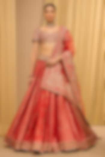 Red Brocade Marori Embroidered Bridal Lehenga Set by Tarun Tahiliani at Pernia's Pop Up Shop