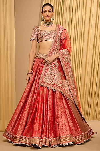 Red Brocade Marori Embroidered Lehenga Set by Tarun Tahiliani
