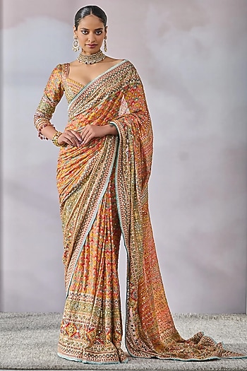 Multi-Colored Georgette Hand Painted Saree Set by Tarun Tahiliani
