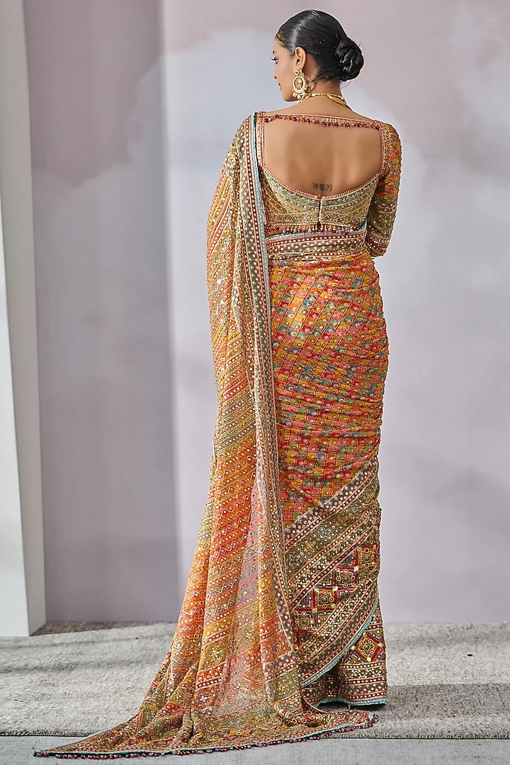 Multi-Colored Georgette Hand Painted Bridal Saree Set by Tarun Tahiliani at Pernia's Pop Up Shop