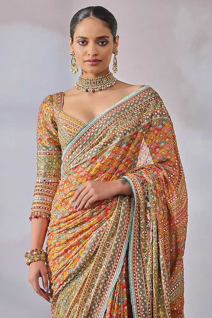Multi-Colored Georgette Hand Painted Bridal Saree Set by Tarun Tahiliani at Pernia's Pop Up Shop