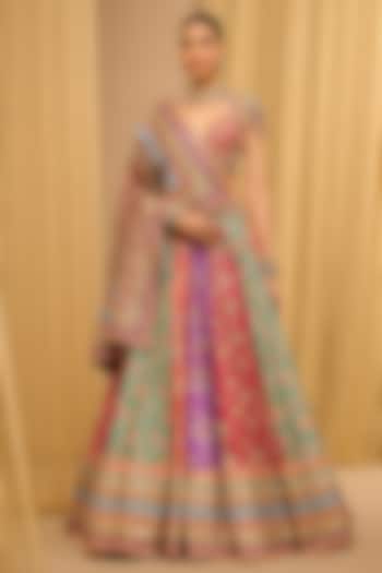 Multi-Colored Silk Dupion Kashida Embroidered Kalidar Bridal Lehenga Set by Tarun Tahiliani at Pernia's Pop Up Shop