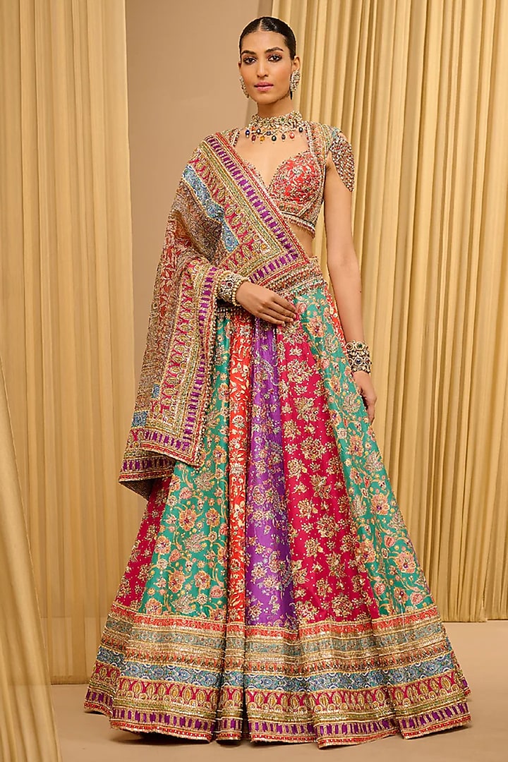 Multi-Colored Silk Dupion Kashida Embroidered Kalidar Bridal Lehenga Set by Tarun Tahiliani at Pernia's Pop Up Shop