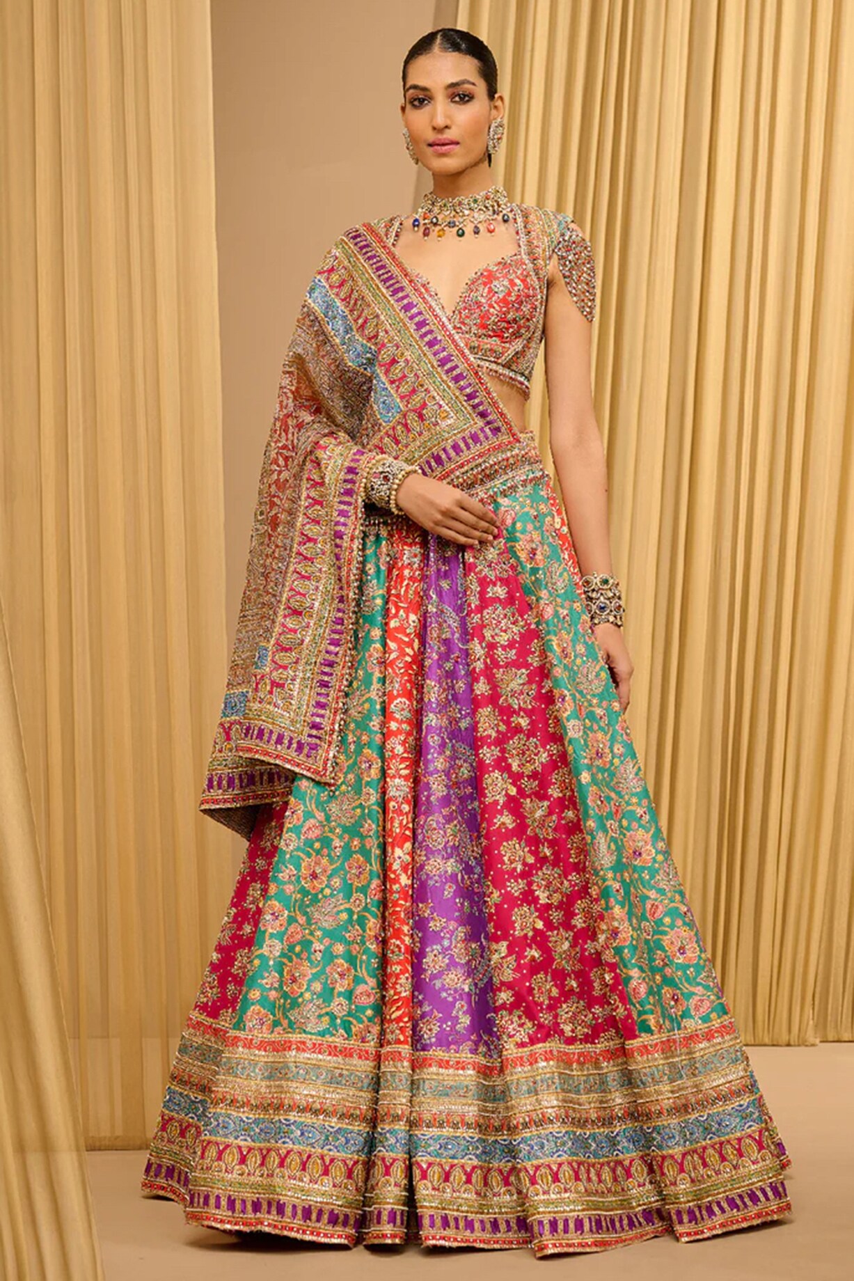 Multi Colored Silk Dupion Kashida Embroidered Kalidar Bridal Lehenga multi-colored-silk-dupion-kashida-embroidered-kalidar-bridal-lehenga