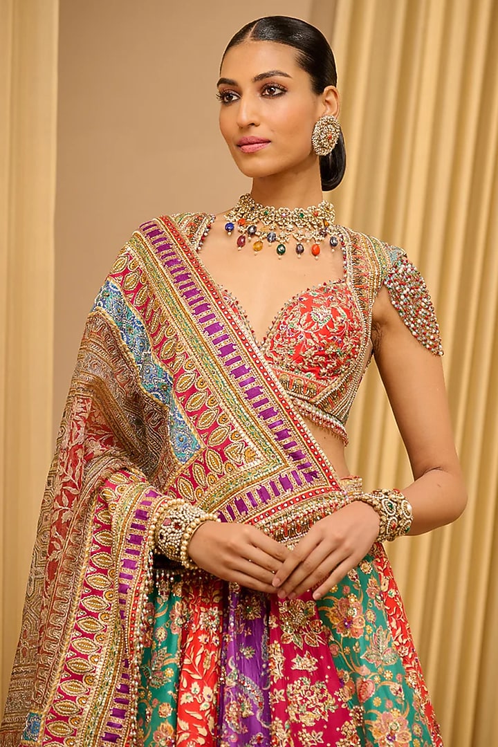 Multi-Colored Silk Dupion Kashida Embroidered Kalidar Bridal Lehenga Set by Tarun Tahiliani at Pernia's Pop Up Shop