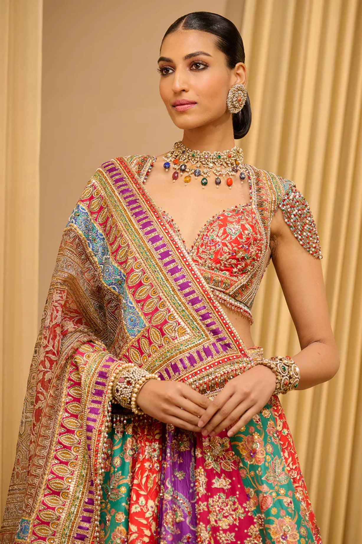 Multi Colored Silk Dupion Kashida Embroidered Kalidar Bridal Lehenga multi-colored-silk-dupion-kashida-embroidered-kalidar-bridal-lehenga