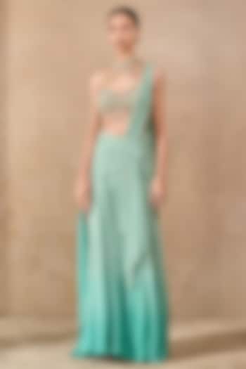 Sea Green Chiffon Pearl Embroidered Concept Bridal Saree Set by Tarun Tahiliani at Pernia's Pop Up Shop