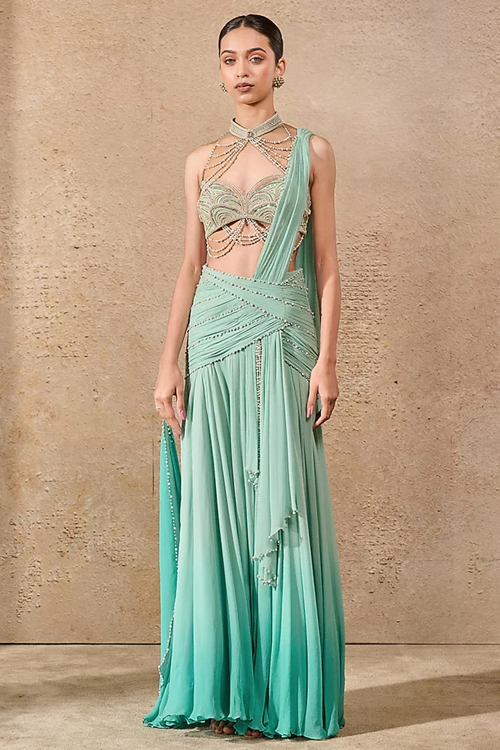 Sea Green Chiffon Pearl Embroidered Concept Bridal Saree Set by Tarun Tahiliani at Pernia's Pop Up Shop
