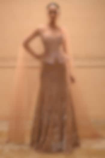 Mocha Lace Floral Embroidered Bridal Lehenga Saree Set by Tarun Tahiliani at Pernia's Pop Up Shop