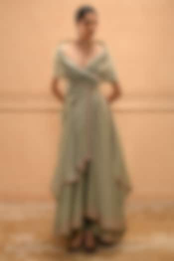 Sage Green Cotton Jacquard Off-Shoulder Bridal Anarkali Set by Tarun Tahiliani at Pernia's Pop Up Shop