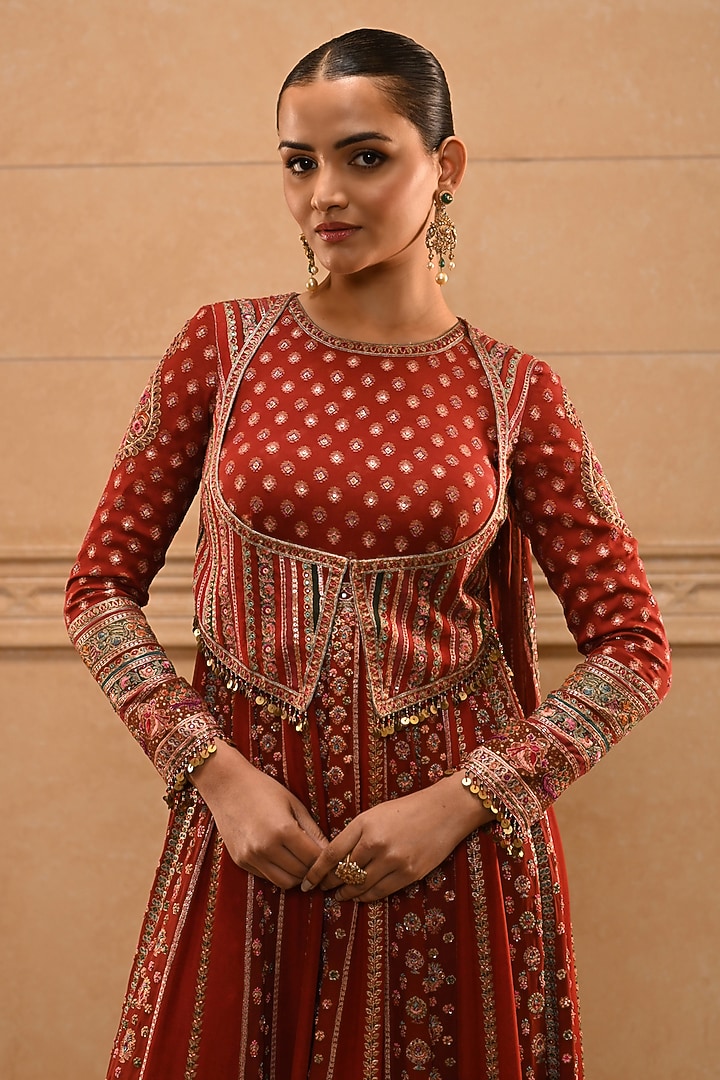 Red Georgette Mirror Embellished Bridal Anarkali Set by Tarun Tahiliani at Pernia's Pop Up Shop