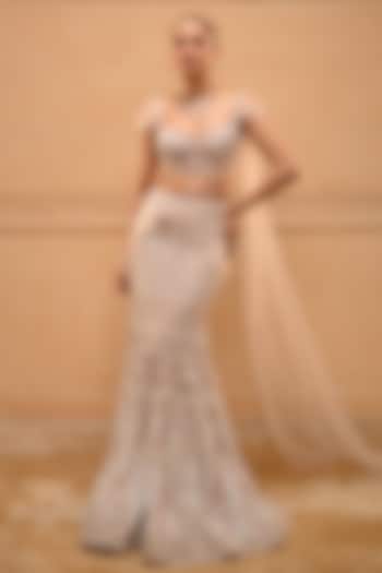 Ivory Indian Tulle Sequins Embellished Concept Bridal Saree Set by Tarun Tahiliani at Pernia's Pop Up Shop