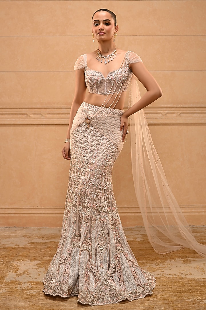 Ivory Indian Tulle Sequins Embellished Concept Bridal Saree Set by Tarun Tahiliani at Pernia's Pop Up Shop