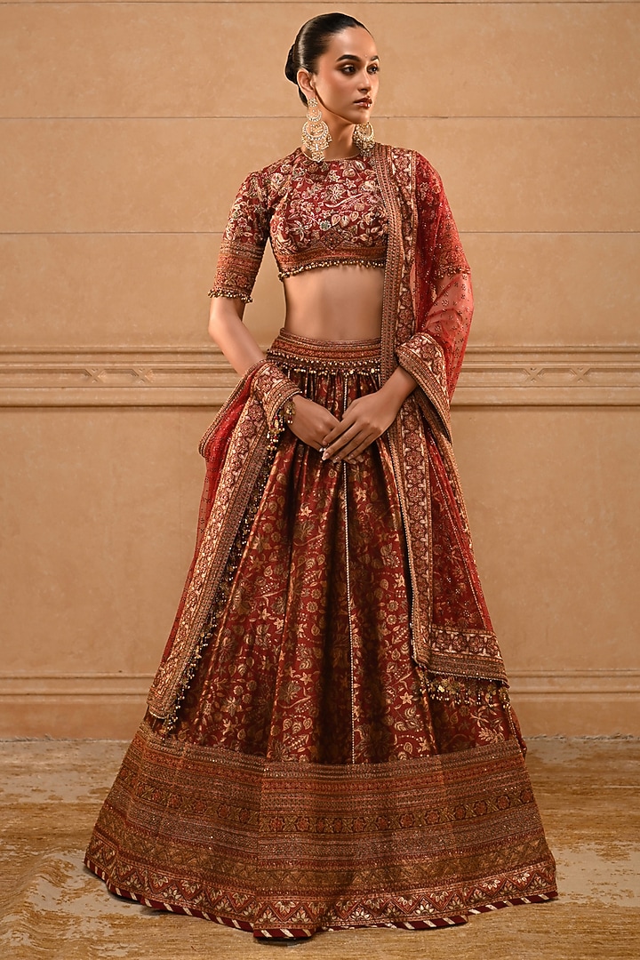 Maroon Silk Dupion Cutdana Hand Embroidered Bridal Bridal Lehenga Set by Tarun Tahiliani at Pernia's Pop Up Shop